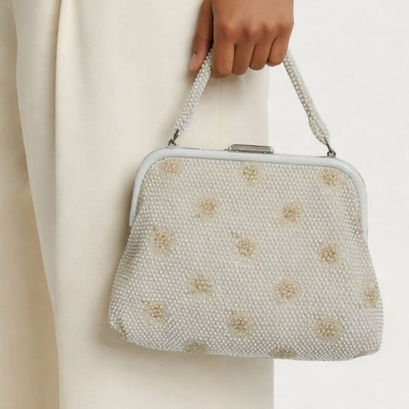 Corde' Bead Handbags - Vintage Beaded Handbag 1960's Cream and Gold Beaded Top Handle Bag Rever…